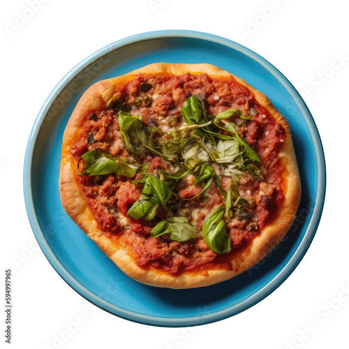 Chicagostyle Deepdish Pizza On Blue Smooth Round Plate On Isolated Transparent Background U.S. Dish. Generative AI