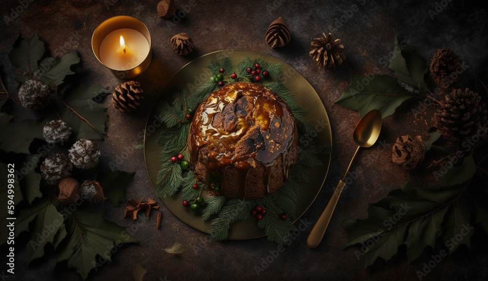 Food photography of a christmas pudding in middle of a lu, Generative AI