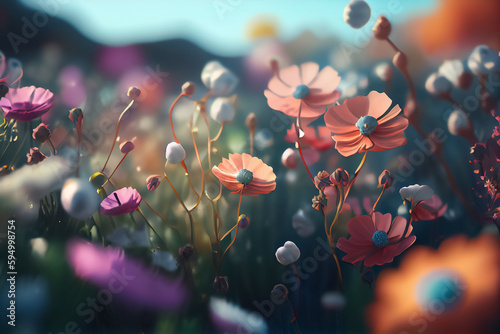 illustration of summer or spring meadow with colorful flowers . AI
