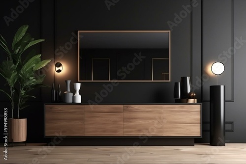Mockup Dark Frame On Cabinet In Living Room Interior On Empty Black Wall Background.3d Rendering. Generative AI