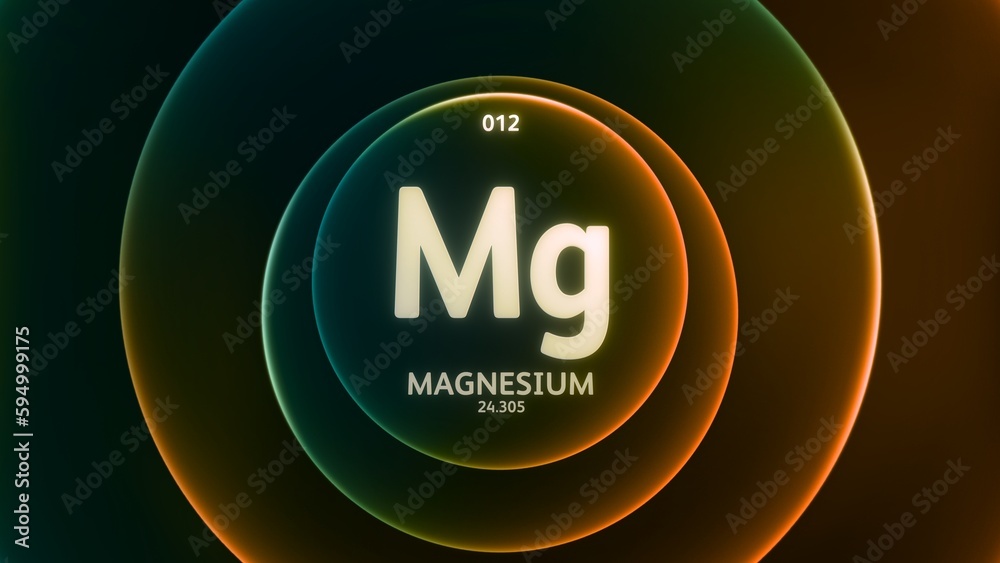 Magnesium as Element 12 of the Periodic Table. Concept illustration on abstract green orange gradient rings seamless loop background. Title design for science content and infographic showcase display. - obrazy, fototapety, plakaty 