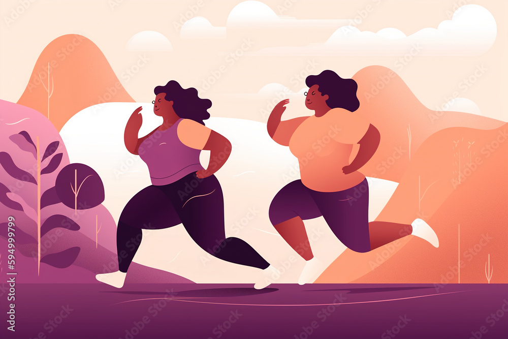 Two black positive women girlfriends running workout outdoors. Bodypositive, sport, weight loss flat illustration. Generative AI