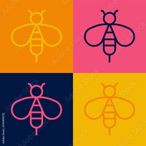 Pop art line Bee icon isolated on color background. Sweet natural food. Honeybee or apis with wings symbol. Flying insect. Vector