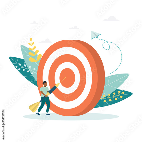 The guy throws a dart at the darts pierces the target. Market goal concept, goal achievement, business goal. Vector flat illustration.
