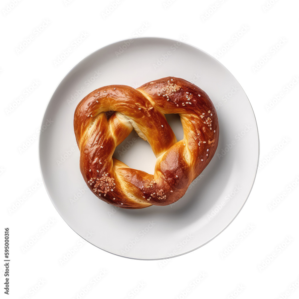 Phillystyle Soft Pretzel On White Smooth Round Plate On Isolated Transparent Background U.S. Dish. Generative AI