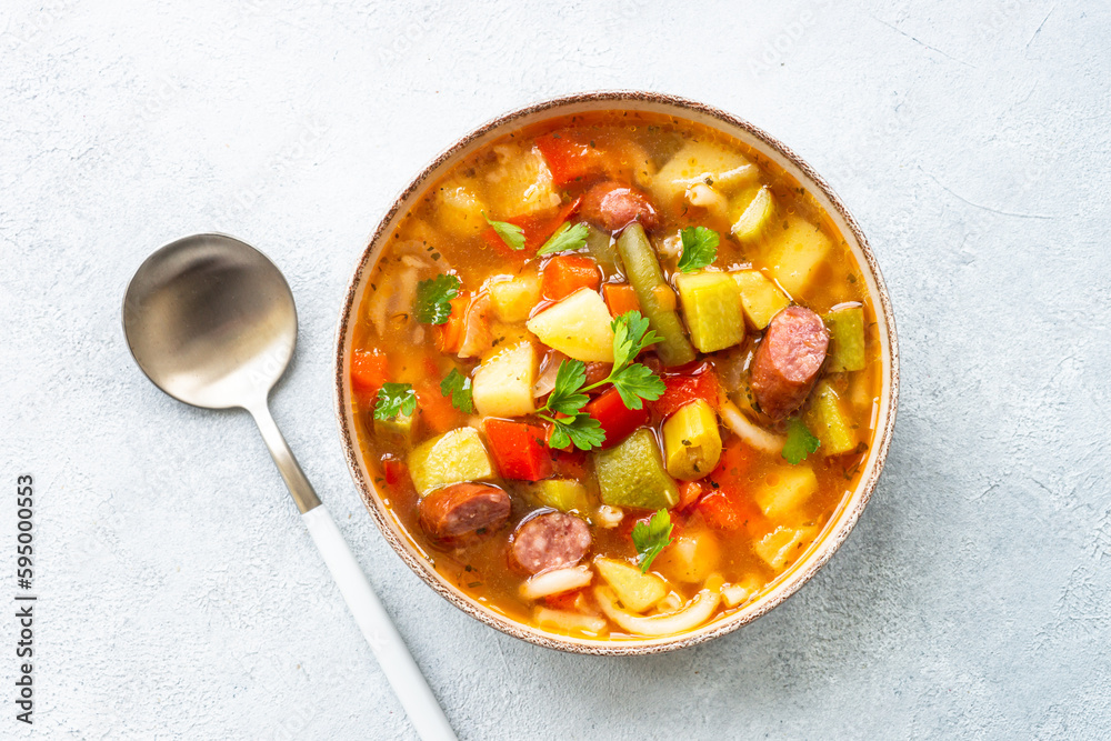 Εκτύπωση καμβά Minestrone soup, italian vegetable soup with smoked sausages, Top view