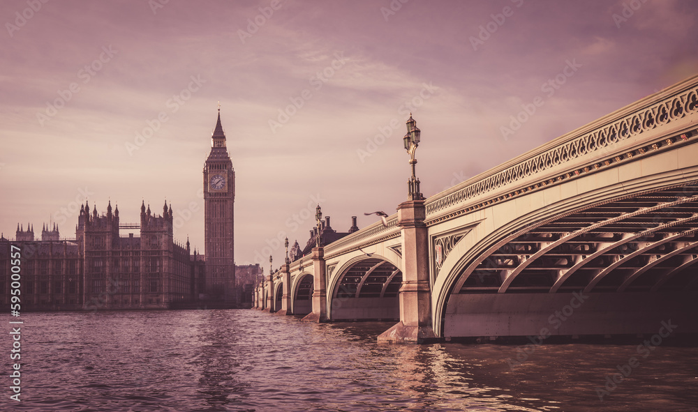 Naklejka premium London Big Ben and Westminster bridge at sunset.