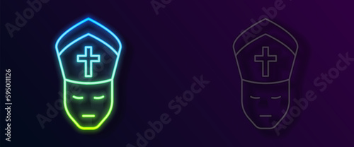 Glowing neon line Pope icon isolated on black background. Pope hat. Holy father. Vector