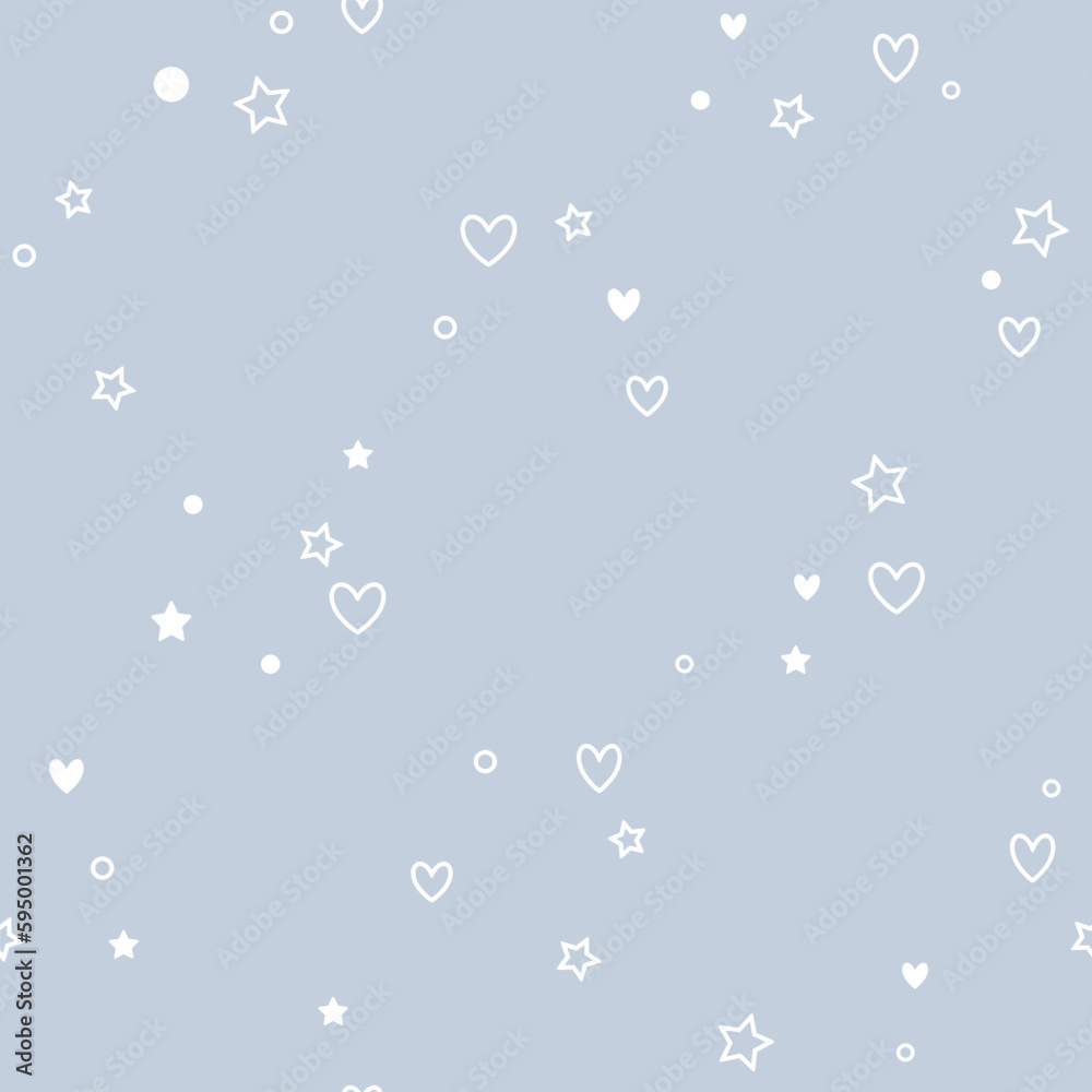 Heart, stars. Seamless pattern. Blue Pastel background concept Love, beauty, fashion. One continuous line drawing. Heart, stars. Seamless pattern. Blue Pastel background concept Love, beauty, fashion. One continuous line drawing.