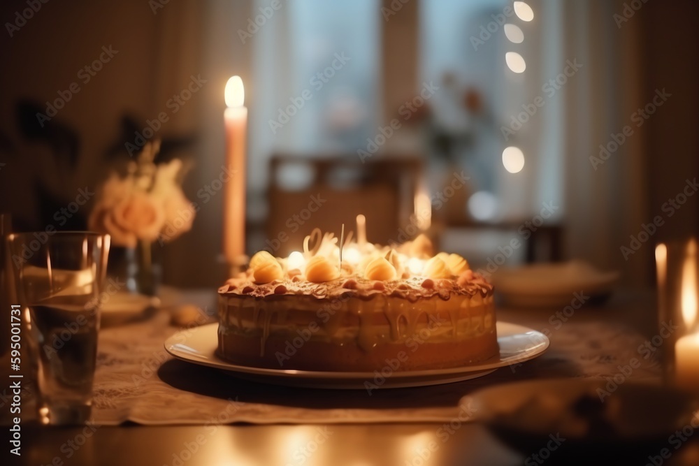 Fototapeta premium Cake With Candles In Blurred Dining Room Background. Generative AI