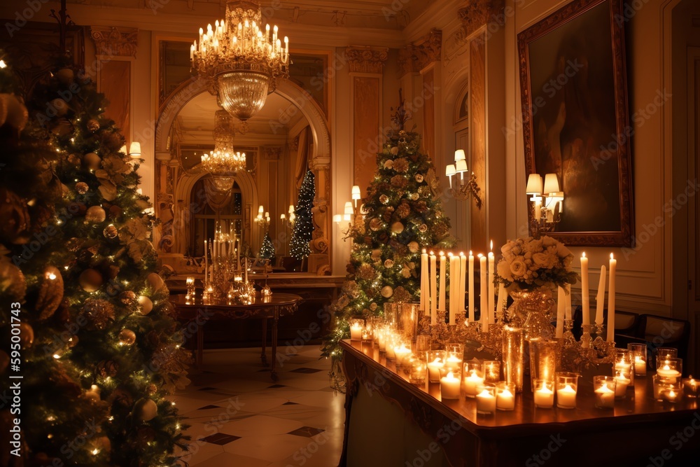 Candle Lit Christmas Evening With Garlands, Classic Opulent Apartments Featuring A Decorated Tree And Gifts. Generative AI