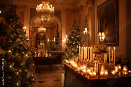 Candle Lit Christmas Evening With Garlands, Classic Opulent Apartments Featuring A Decorated Tree And Gifts. Generative AI