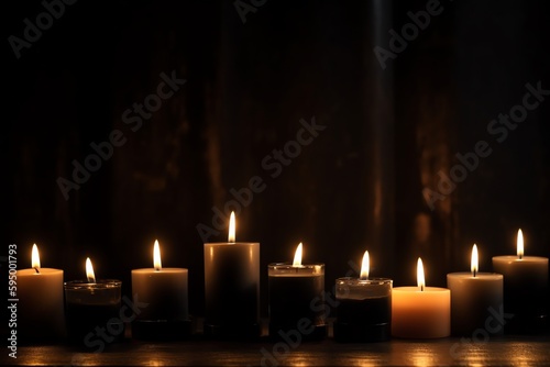 A Row Of Lit Candles On A Table Against A Black Backdrop With Curtain. Generative AI