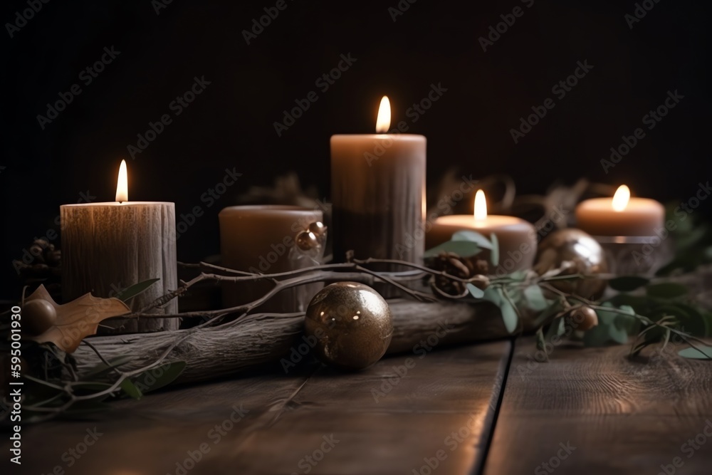 Christmas Decor With Candles And Branches On Wood, Modern Ornaments, Festive Social Media Banner With Negative Space. Generative AI Christmas Decor With Candles And Branches On Wood, Modern Ornaments, Festive Social Media Banner With Negative Space. Generative AI