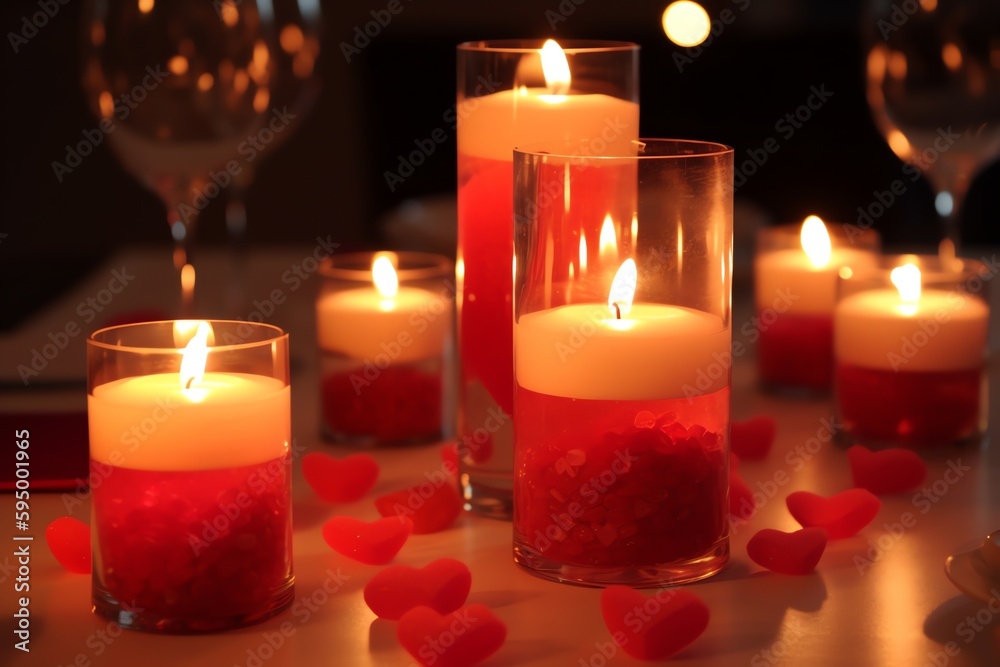 Heart Candles, Valentines Dinner. Generative AI