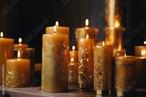 Golden Decorated Candles On Wooden Table. Generative AI