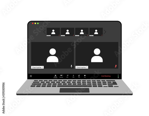 Videocall interface, video call screen icons and UI template for laptop, vector overlay. Video conference or videocall online chat mockup for laptop application with call buttons. Six users