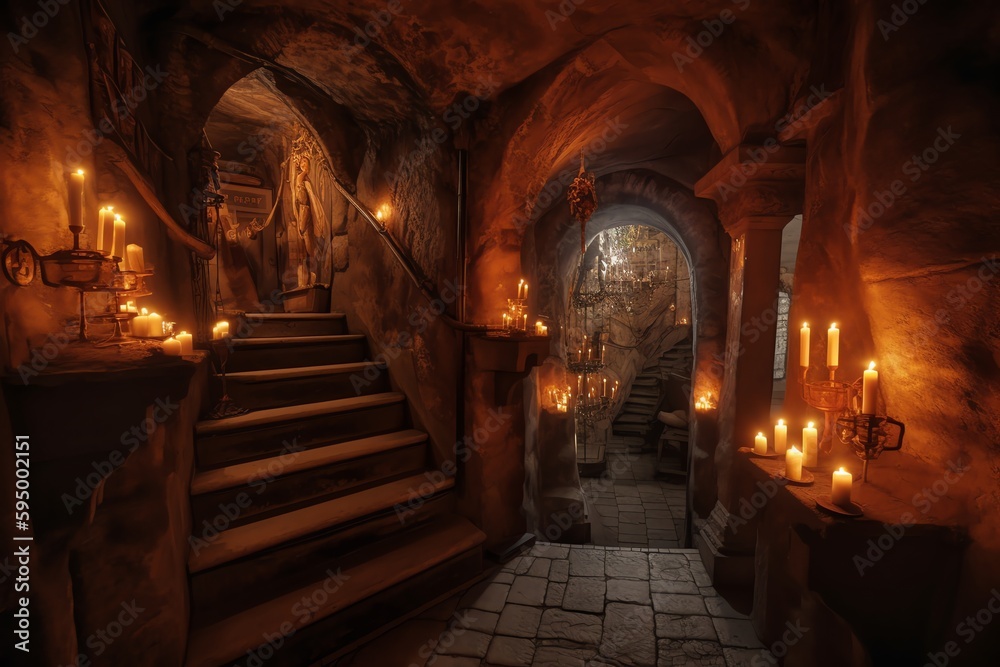 Obraz premium Underground Magical Castle With Sewers, Walkways, Left Stairway, Candle Lit Night. Generative AI