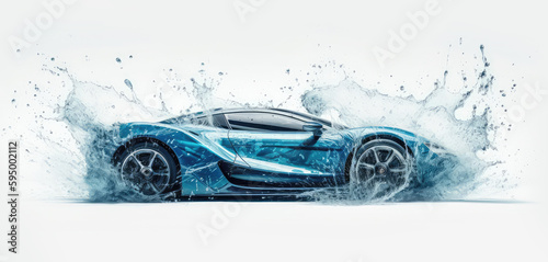 Sports car surrounded by water splashes. Generative AI. Eco-friendly concept photo