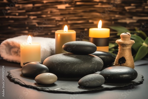 Spa Scene With Massage Stones, Towel, And Candles Promoting Health. Generative AI