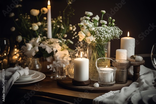 Table With White Candles And Flowers. Generative AI