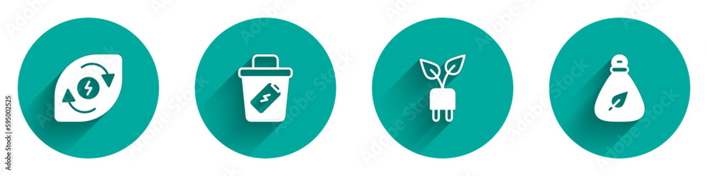 Set Water energy, Trash can, Electric saving plug in leaf and Garbage bag icon with long shadow. Vector Set Water energy, Trash can, Electric saving plug in leaf and Garbage bag icon with long shadow. Vector