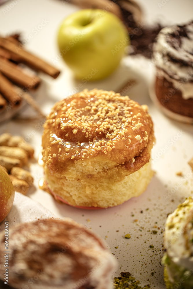 Closeup on sweet fresh caramel cinnabon bun