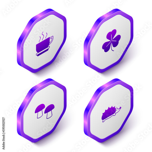 Set Isometric Coffee cup, Clover, Mushroom and Hedgehog icon. Purple hexagon button. Vector