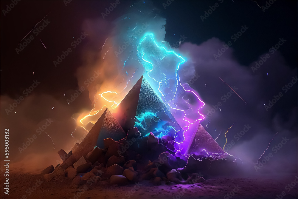 illustrtion of Egypt pyramid surrounded by magical light and smoke thunder. AI