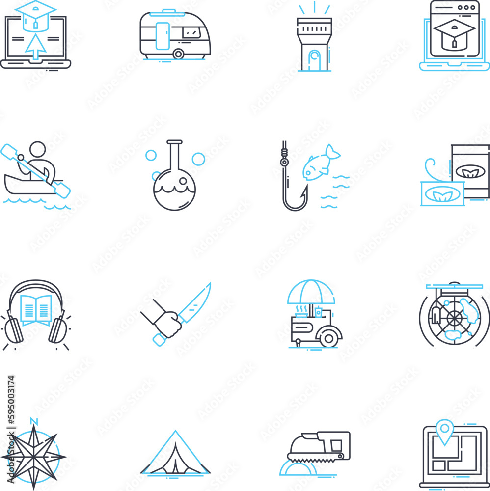 Fototapeta premium Mountain meadow linear icons set. Blissful, Alpine, Meadowsweet, Pristine, Scenic, Wildflowers, Picturesque line vector and concept signs. Serene,Tranquil,Lush outline illustrations