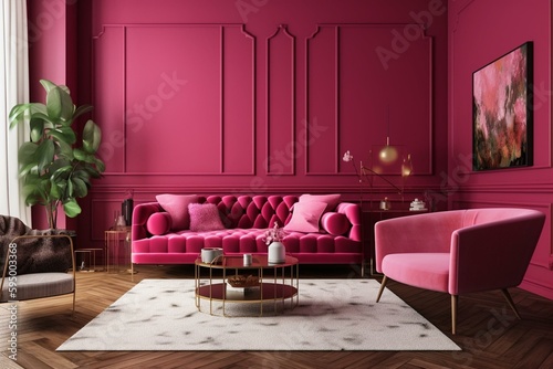 Fototapeta Interior of contemporary living room with wooden flooring and a fuchsia wall