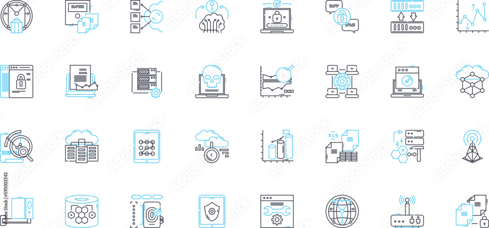 Firewall protection linear icons set. Security, Block, Access, Monitor, Privacy, Firewall, Nerk line vector and concept signs. Firewall protection,Threats,Defense outline illustrations