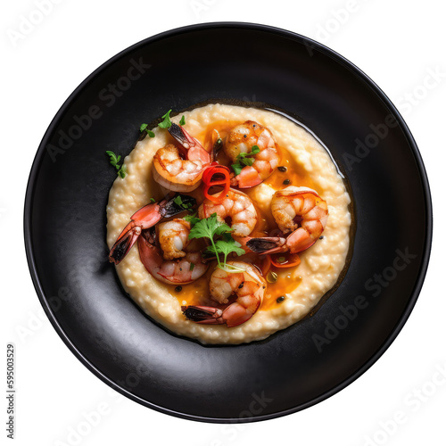 Shrimp And Grits On Black Smooth Round Plate On Isolated Transparent Background U.S. Dish. Generative AI