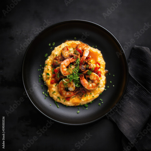 Shrimp And Grits On Black Smooth Round Plate U.S. Dish. Generative AI