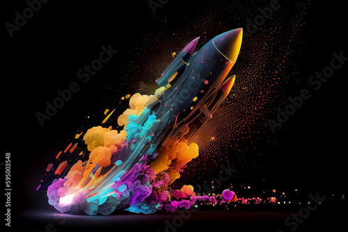 illustration of neon rocket fire take off on black background. AI