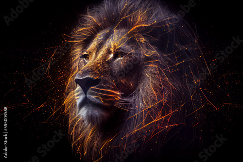 illustration of lion in neon colors on black background. AI