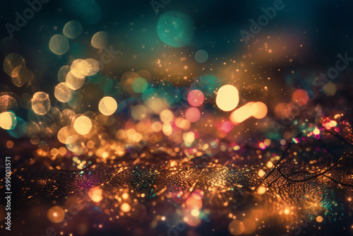 Festive background with natural bokeh and bright golden lights.