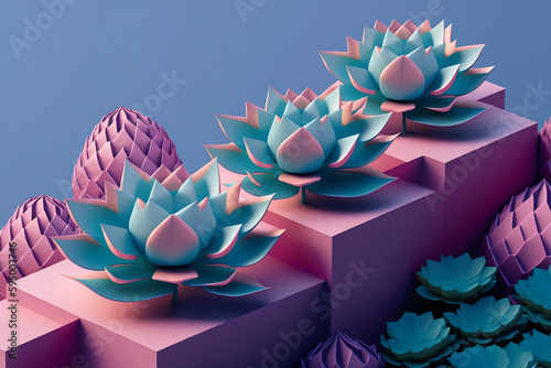 Generative AI illustration set of various cactuses placed on rectangular stands among pink stones on blue background