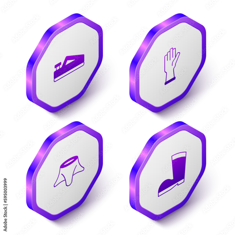 Set Isometric Wood plane tool, Protective gloves, Tree stump and Waterproof rubber boot icon. Purple hexagon button. Vector