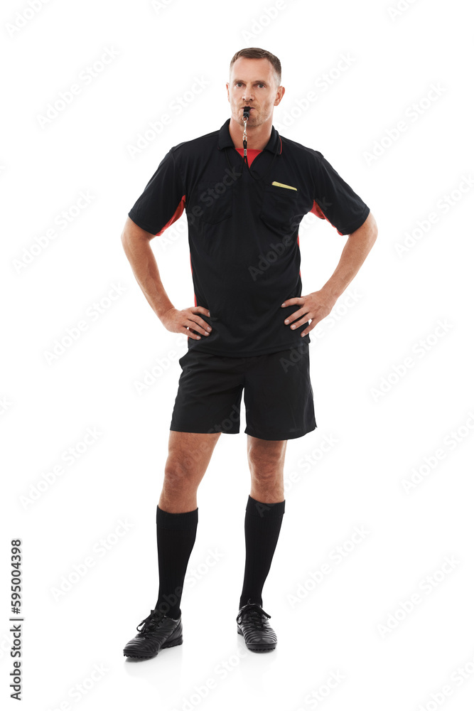 Fototapeta premium Portrait, blowing whistle and male referee coaching a soccer game with a foul or warning. Sports, fitness and full length of man football trainer with rules isolated by transparent png background.