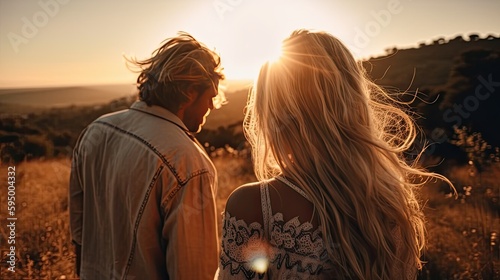 A couple at sunset, in the style of golden age aesthetics, wavy, natural fibers, light cyan and light amber, Generative AI