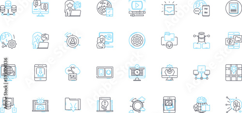 Virtual community linear icons set. Online, Interconnected, Social, Collaborative, Digital, Cyber, Engaging line vector and concept signs. Interactive,Unified,Empowering outline illustrations
