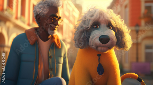 An elderly man of color and his furry friend enjoy a peaceful walk amidst the busy city. Generative AI 