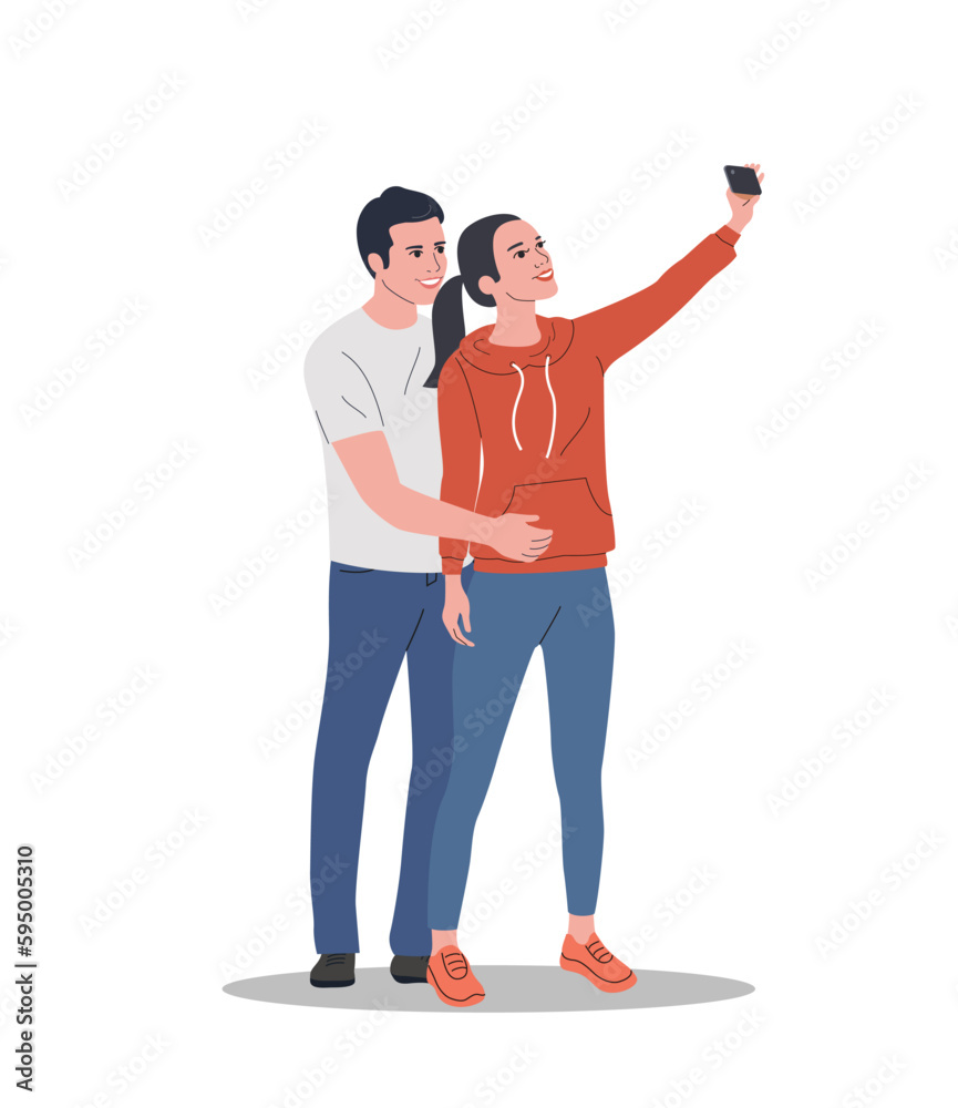 Young woman and man  taking selfie isolated. Vector cartoon flat style illustration