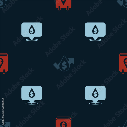 Set Oil drop with dollar symbol, price increase and on seamless pattern. Vector