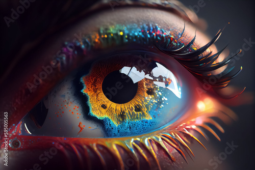 Iridescent human eye close-up on a black background. Pride concept, AI