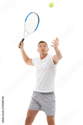 Tennis player, man and hitting a ball while training isolated on a transparent png background. Athlete, sports focus and exercise as a hobby for health, person serve for a match and professional game © Bharat/peopleimages.com