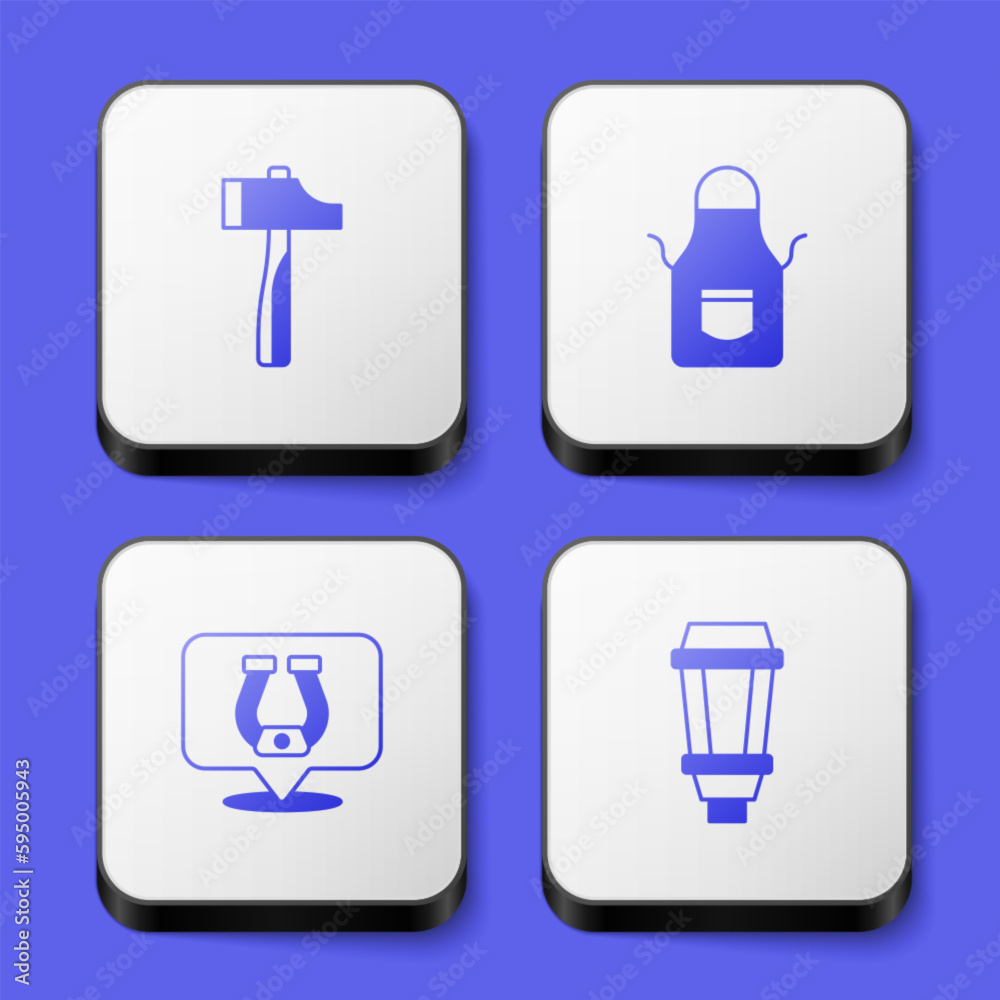 Set Hammer, Blacksmith apron, Horseshoe and Garden light lamp icon. White square button. Vector Set Hammer, Blacksmith apron, Horseshoe and Garden light lamp icon. White square button. Vector