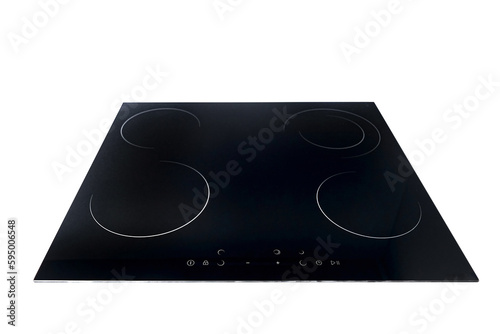 Flat cooktop cooking induction electric built black stove. Electric induction hob with ceramic tempered glass surface with white burners and touch control buttons panel isolated on white. photo