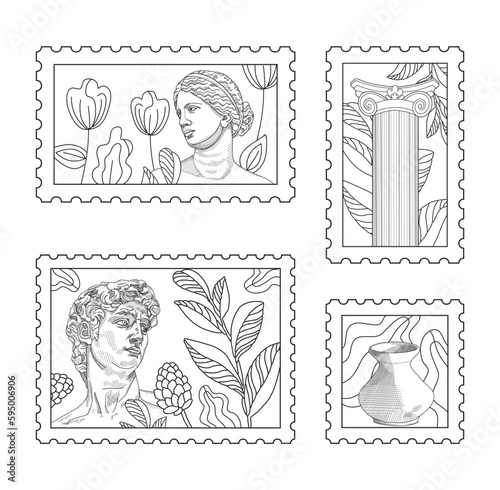 Ancient Greece Coloring page. Hand illustrations, plaster antique statues, Corinthian column, pillar. Drawings for poster. Beautiful drawing with patterns and small details. Coloring book picture